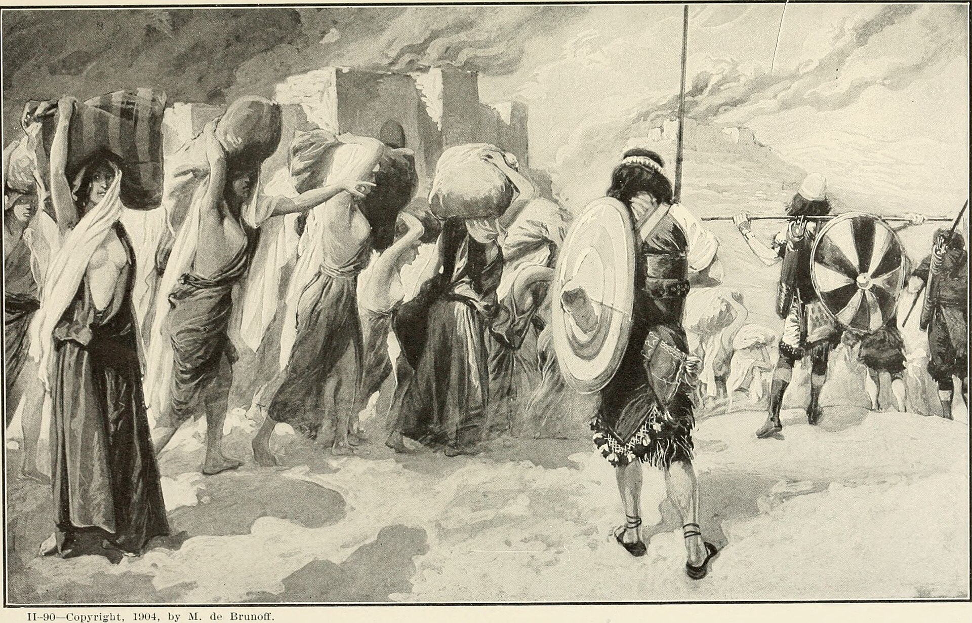 A historical illustration depicts porters carrying burdens as Roman soldiers march forward, demonstrating research into.